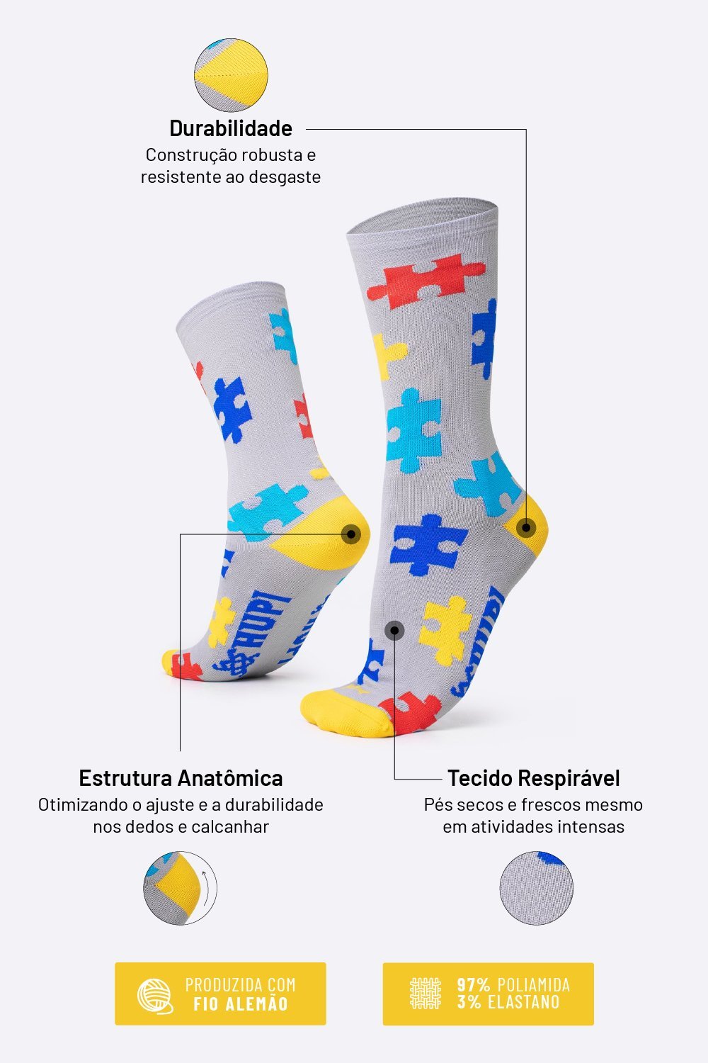Kit 02 Pares Meia Corrida HUPI TEA Autismo 36-42 Colorido
