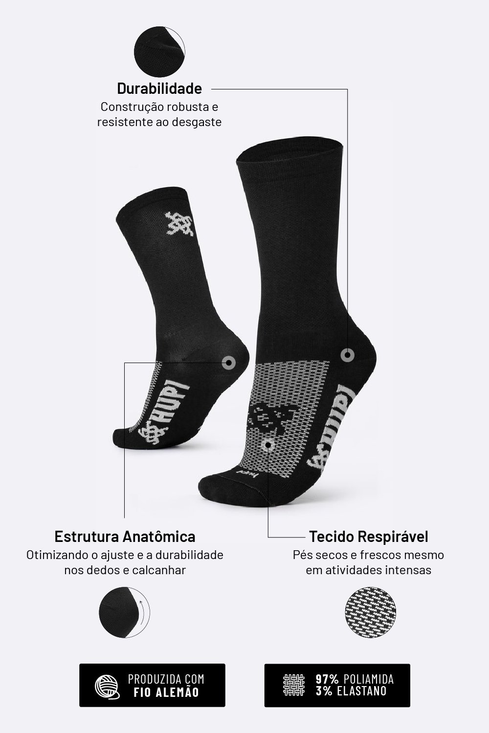 Kit 03 Pares Meia para Corrida HUPI Lisas Coloridas