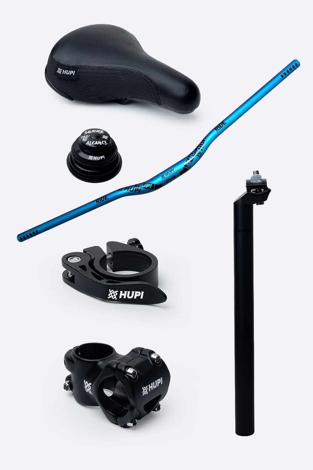 Kit HUPI Bikes Guidão Avanço Canote Abraçadeira e Caixa de Direção Normal