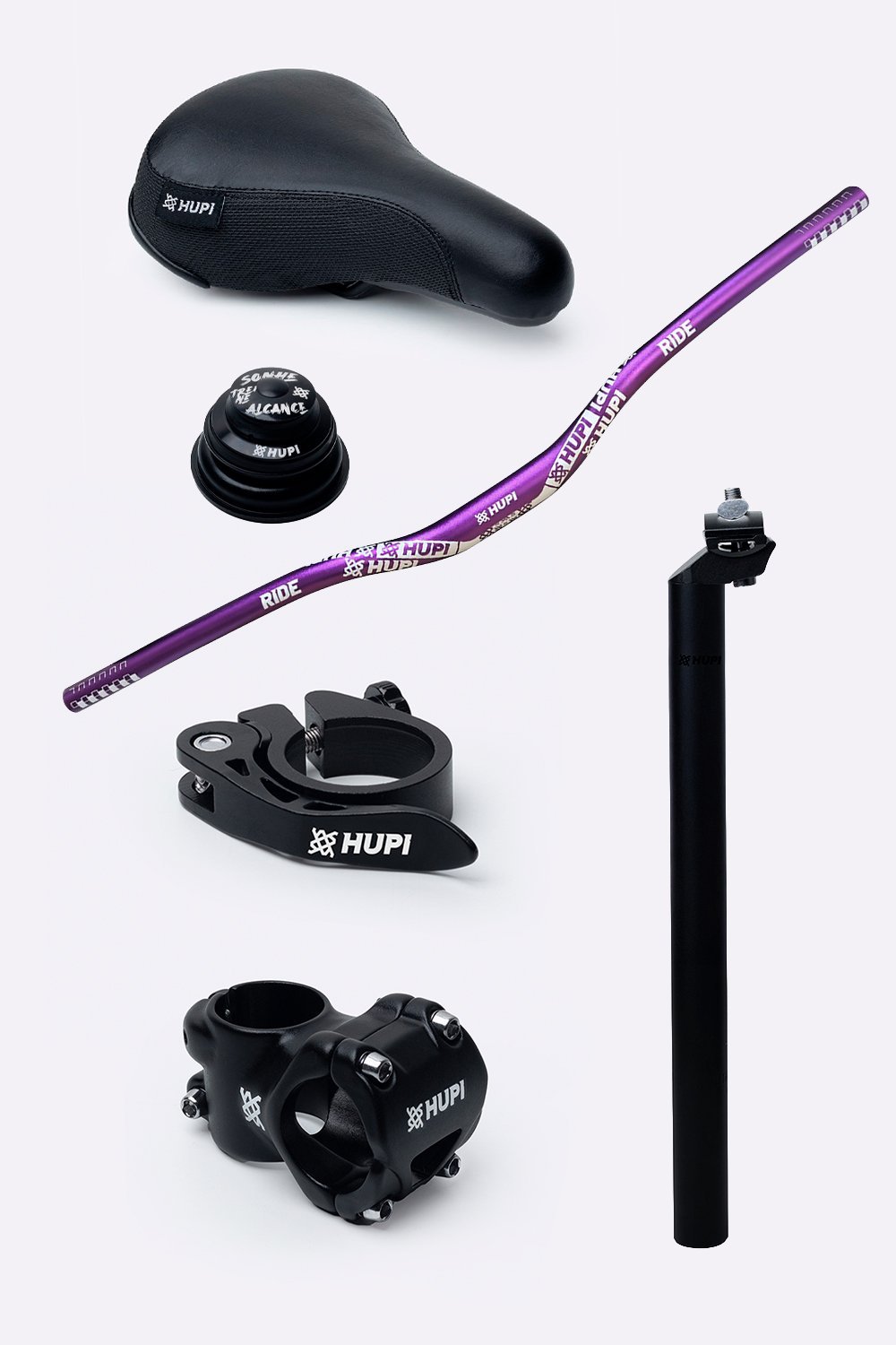 Kit HUPI Bikes Guidão Avanço Canote Abraçadeira e Caixa de Direção Tapered