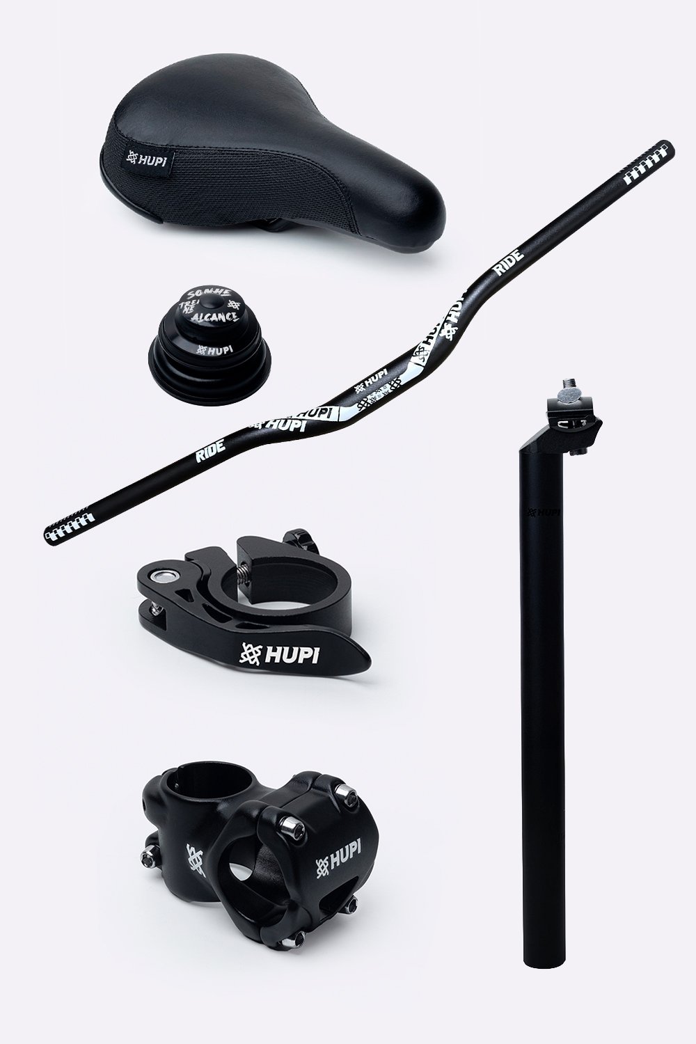 Kit HUPI Bikes Guidão Avanço Canote Abraçadeira e Caixa de Direção Tapered