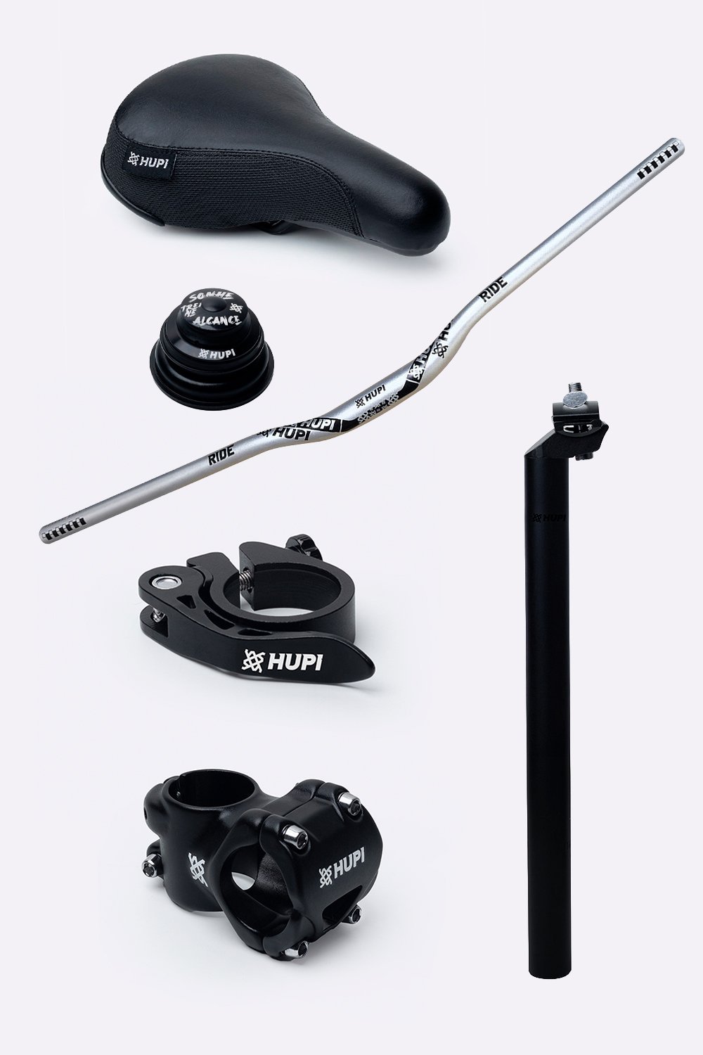 Kit HUPI Bikes Guidão Avanço Canote Abraçadeira e Caixa de Direção Tapered