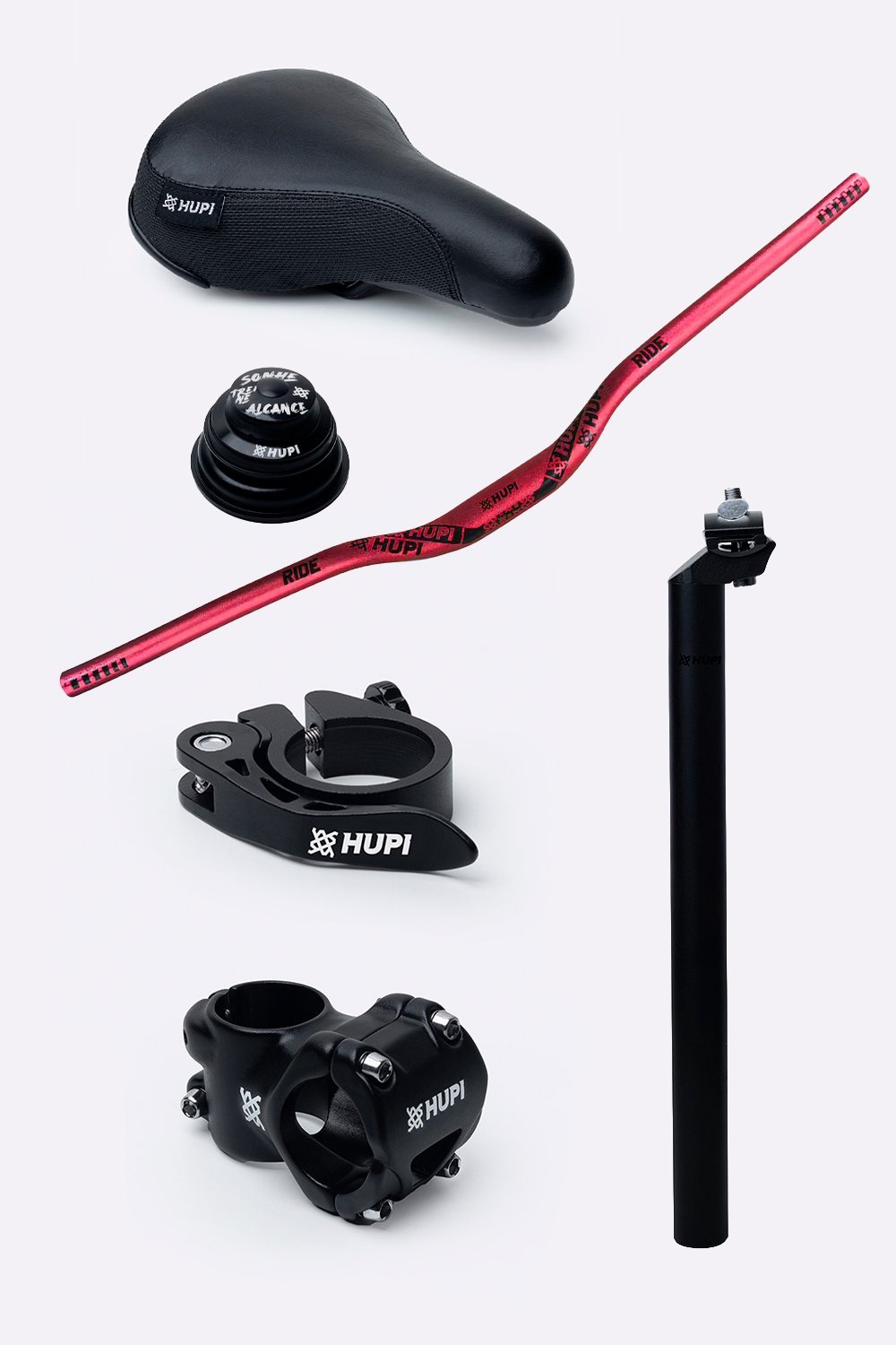 Kit HUPI Bikes Guidão Avanço Canote Abraçadeira e Caixa de Direção Tapered