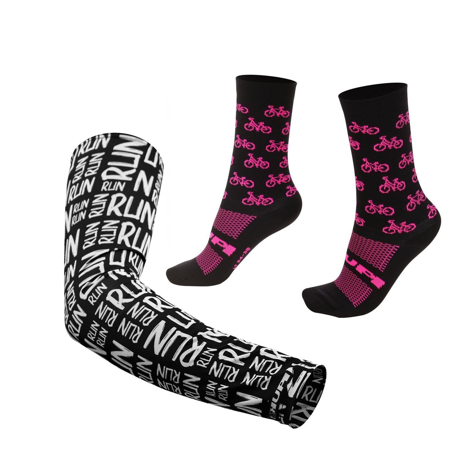 Kit Manguito Preto e Meia Bike Rosa - LT para pés menores 34-38 Kit Manguito Preto e Meia Bike Rosa - LT para pés menores 34-38