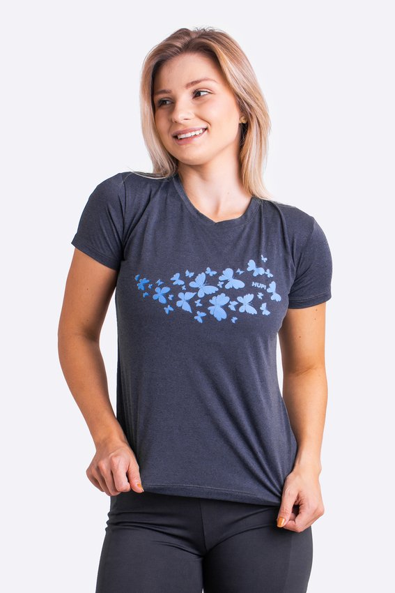 Camiseta HUPI Butterfly Babylook Feminina Manga Curta Azul Escuro