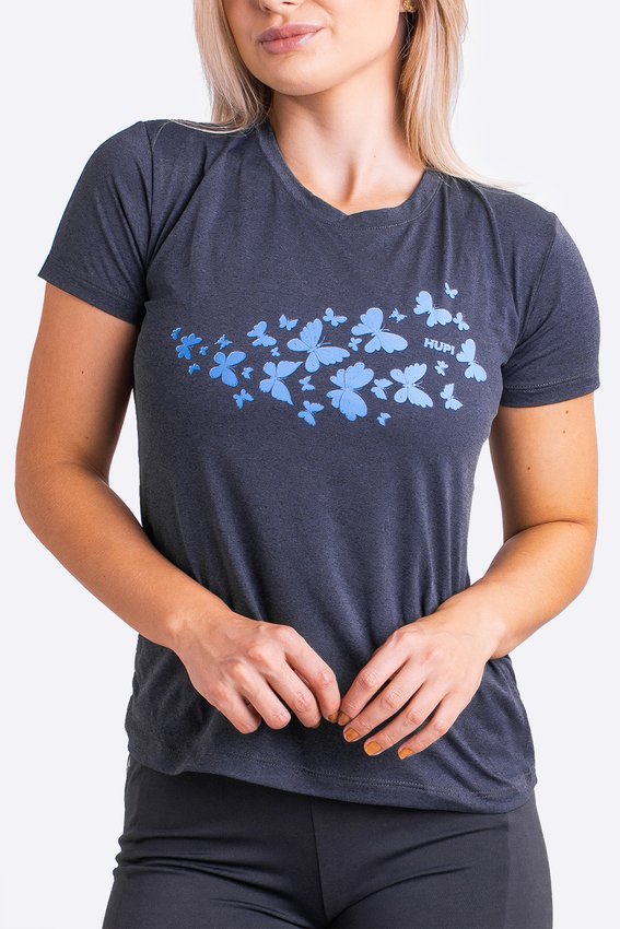 Camiseta HUPI Butterfly Babylook Feminina Manga Curta Azul Escuro