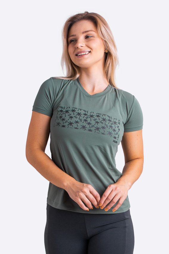 Camiseta HUPI Coqueiral Babylook Feminina Manga Curta Verde Escuro