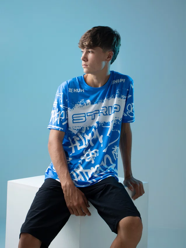 Camiseta Masculina HUPI Bike STRIP Azul e Branco