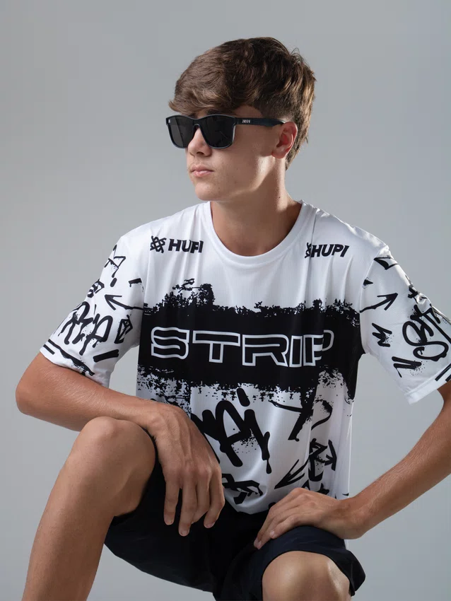 Camiseta Masculina HUPI Bike STRIP Branco e Preto