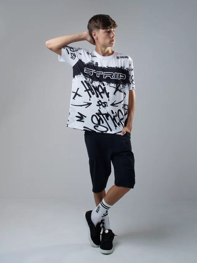 Camiseta Masculina HUPI Bike STRIP Branco e Preto