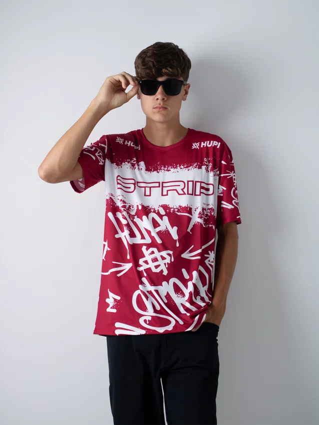 Camiseta Masculina HUPI Bike STRIP Vermelho e Branco