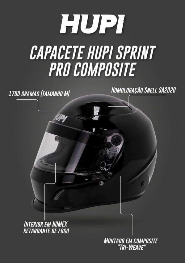 Capacete HUPI Automobilismo Sprint Pro Composite Preto Brilhante