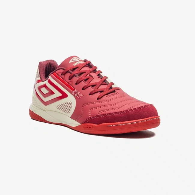 Chuteira Futsal Umbro Pro 5 Bump Club Vermelho e Bege