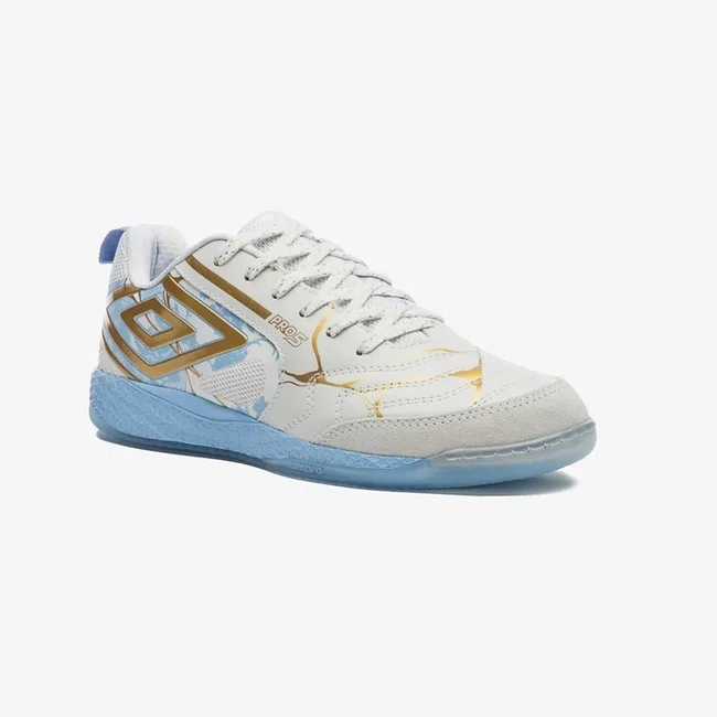 Chuteira Futsal Umbro Pro 5 Bump Kintsugi Branco e Azul