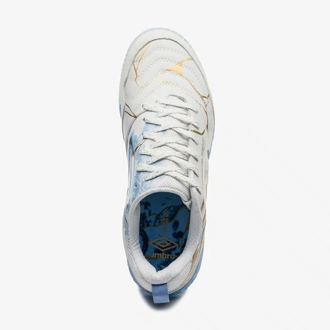 Chuteira Futsal Umbro Pro 5 Bump Kintsugi Branco e Azul
