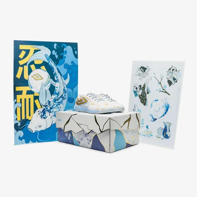 Chuteira Futsal Umbro Pro 5 Jr Kintsugi Branco e Azul