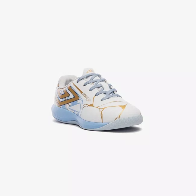 Chuteira Futsal Umbro Pro 5 Jr Kintsugi Branco e Azul