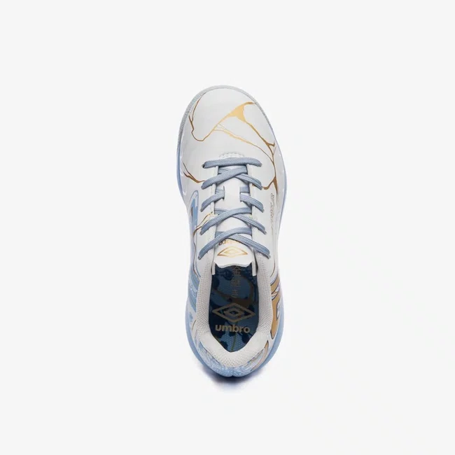 Chuteira Futsal Umbro Pro 5 Jr Kintsugi Branco e Azul