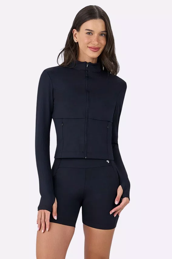 Jaqueta Alto Giro Ajustada Com Bolso Feminina Preta