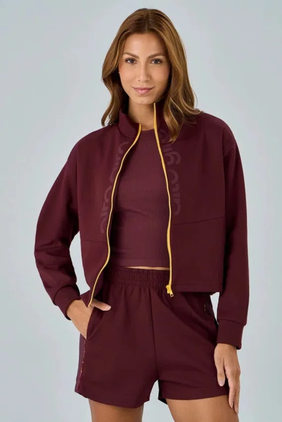 Jaqueta Moletom Zíper Bicolor Alto Giro Feminina Vermelho Marsala