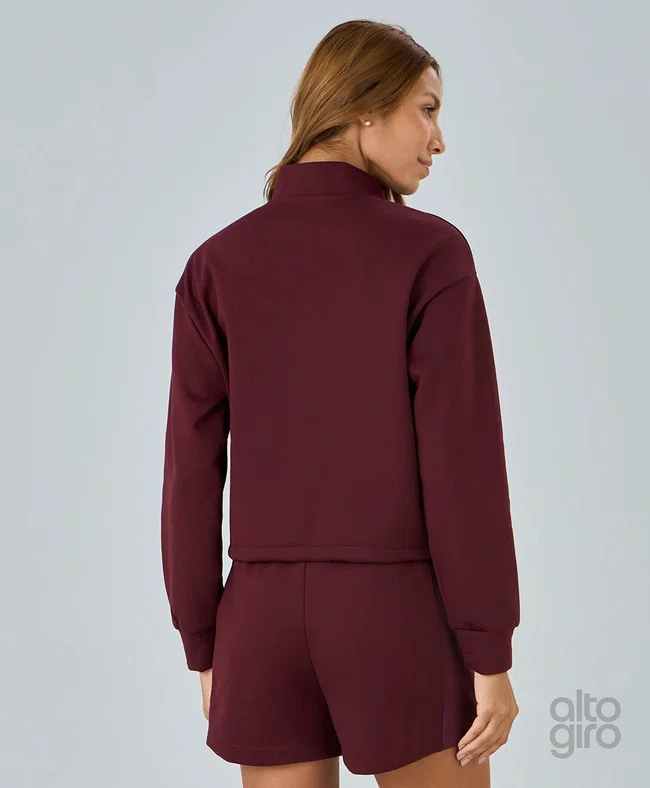 Jaqueta Moletom Zíper Bicolor Alto Giro Feminina Vermelho Marsala