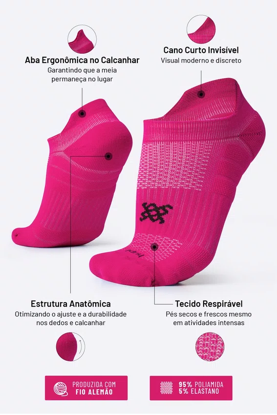 Kit 02 Pares Meia Corrida HUPI Pro Invisível Preto e Rosa