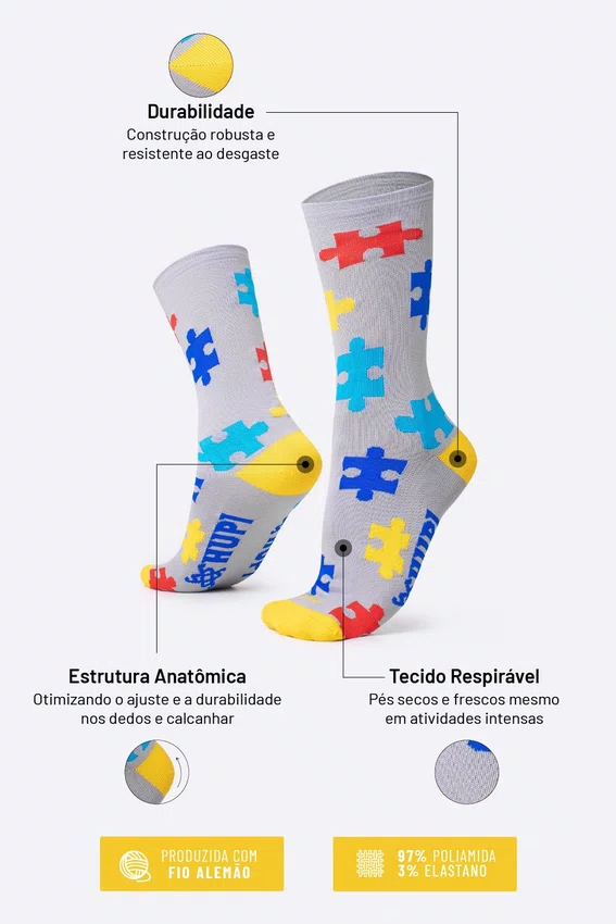 Kit 02 Pares Meia Corrida HUPI TEA Autismo 36-42 Colorido