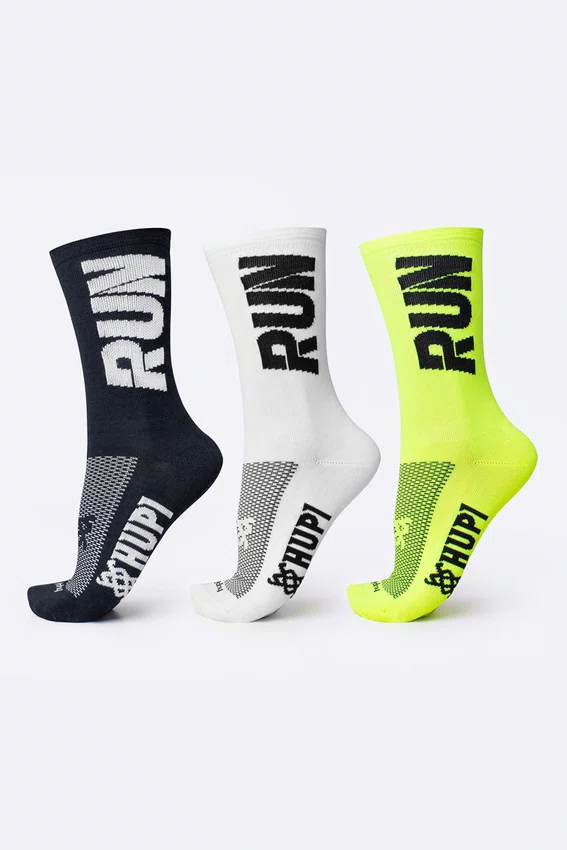 Kit 03 Pares Meia Corrida HUPI Run Preto Branco e Amarelo