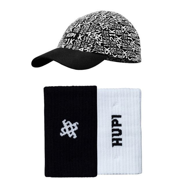 Kit 1 Boné Run Metas HUPI e 1 Par Munhequeira HUPI Spin Branco e Preto Par