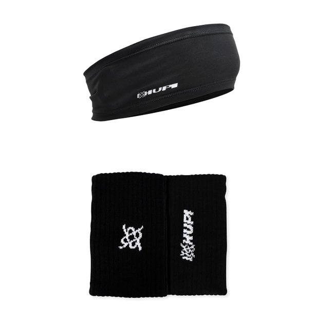 Kit 1 Testeira HeadBand Preto Liso HUPI e 1 Par Munhequeira HUPI Spin Preta