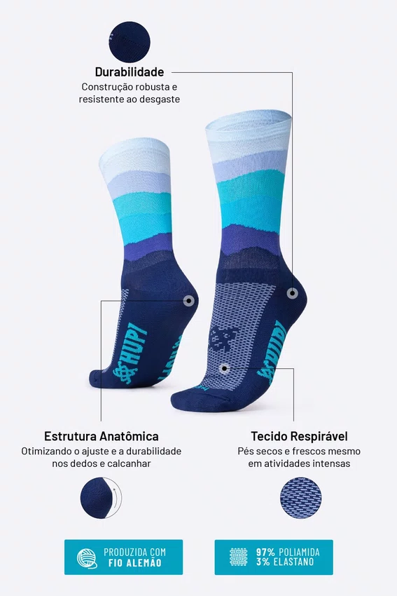 Kit 3 Meias de Corrida HUPI Blue Flow