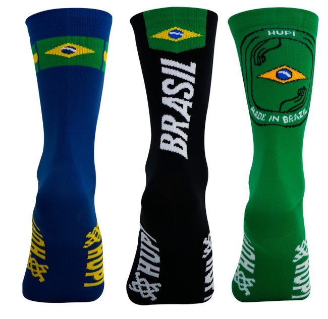 Kit 3 Pares Meia HUPI Brasil - Azul 3.0, Preto 1.0 e Verde 2.0