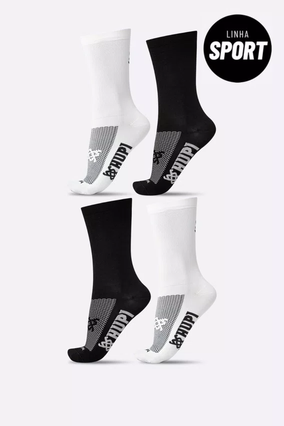 Kit 4 Pares de Meias Sport HUPI Branco e Preto