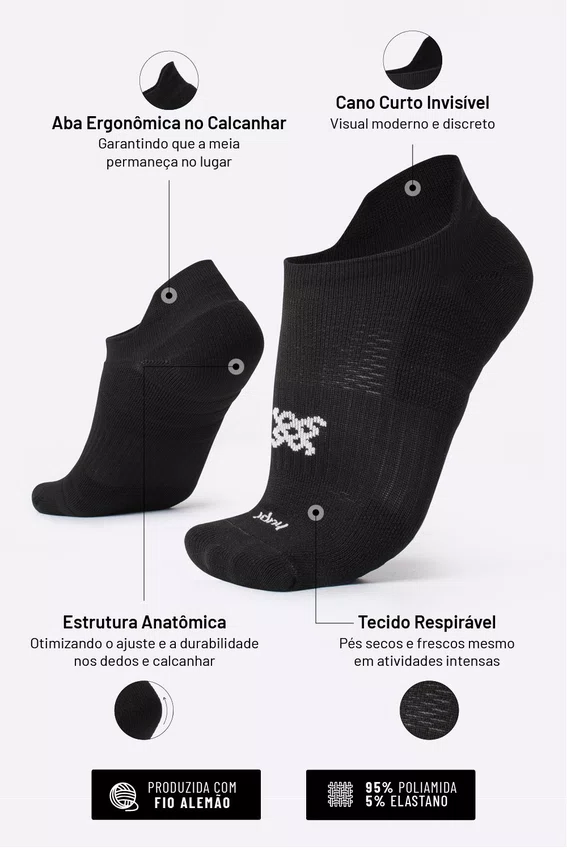 Kit 6 Pares Meia para Corrida HUPI Invisível Preto e Branco