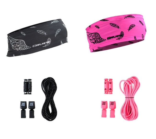 Kit com 2 Testeiras e 2 Cadarços Elásticos Preto e Rosa