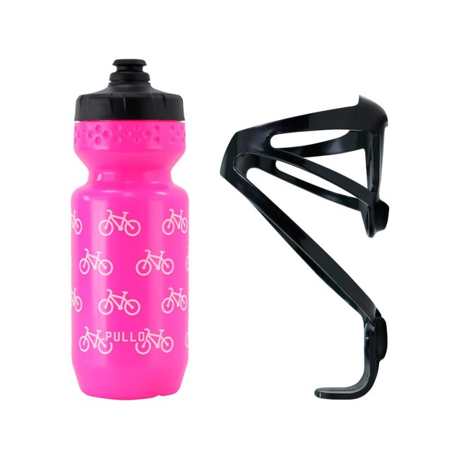 Kit Garrafa Pullo Bike Rosa 600ml + Suporte