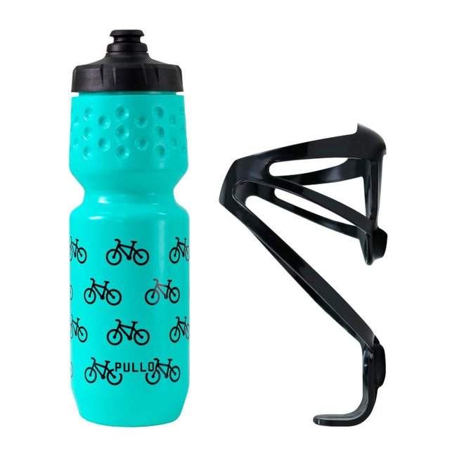Kit Garrafa Pullo Bike Verde Água 750 ml + Suporte