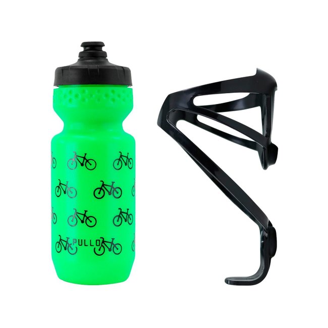 Kit Garrafa Pullo Bike Verde Neon 600ml + Suporte