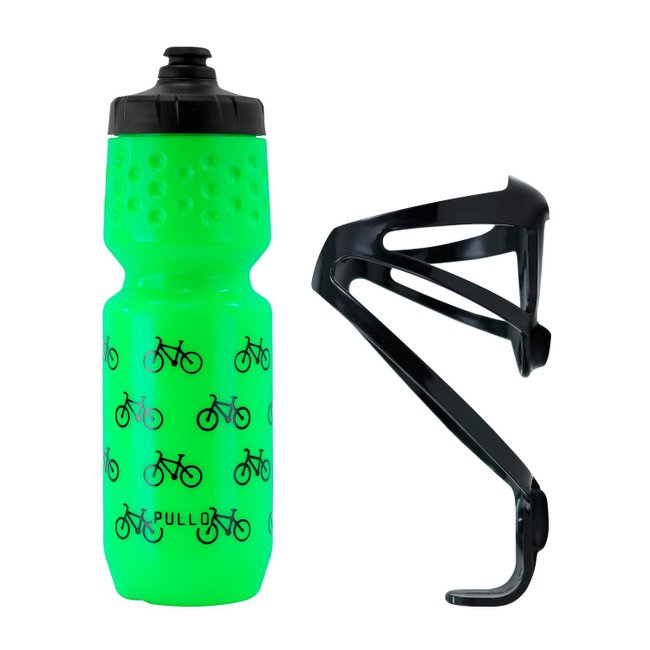 Kit Garrafa Pullo Bike Verde Neon 750ml + Suporte