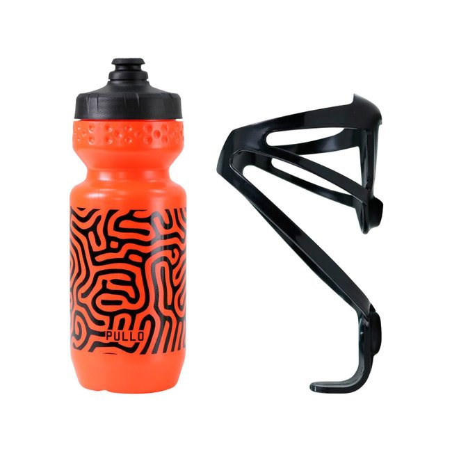 kit Garrafa Pullo Labirin Laranja 600ml + Suporte
