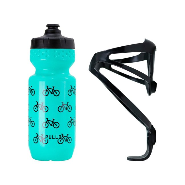 kit Garrafa Pullo Bike Verde Agua 600ml + Suporte