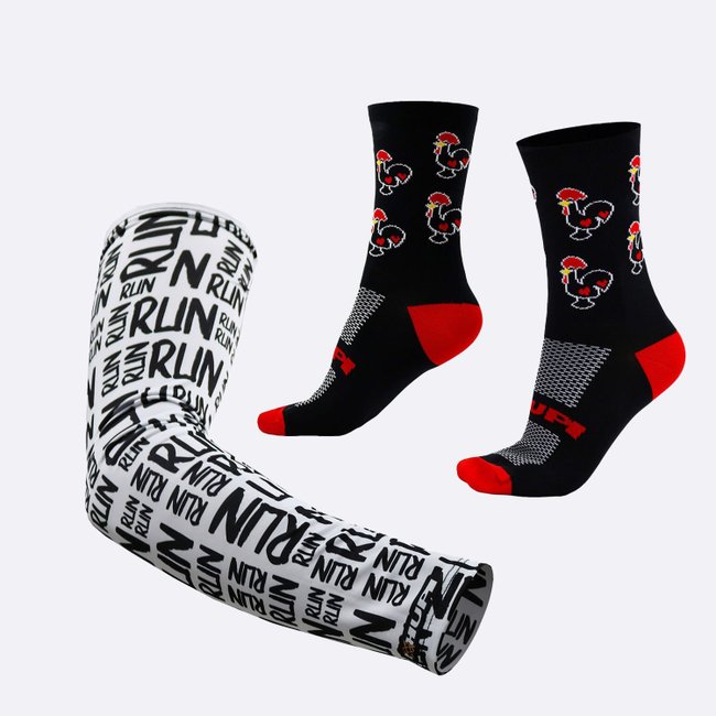 Kit Manguito HUPI Run Branco e Meia HUPI Galo Preto