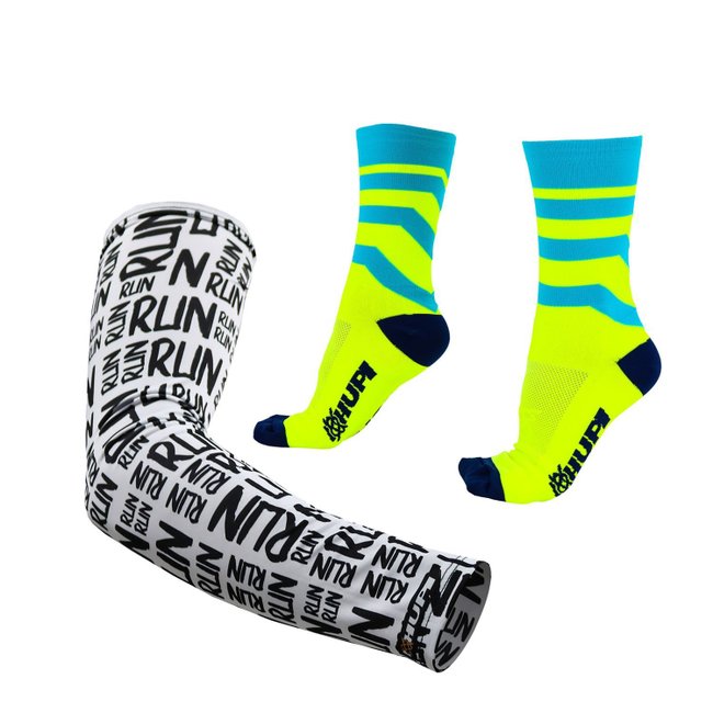 Kit Manguito HUPI Run Branco e Meia HUPI Raya Azul/amarelo