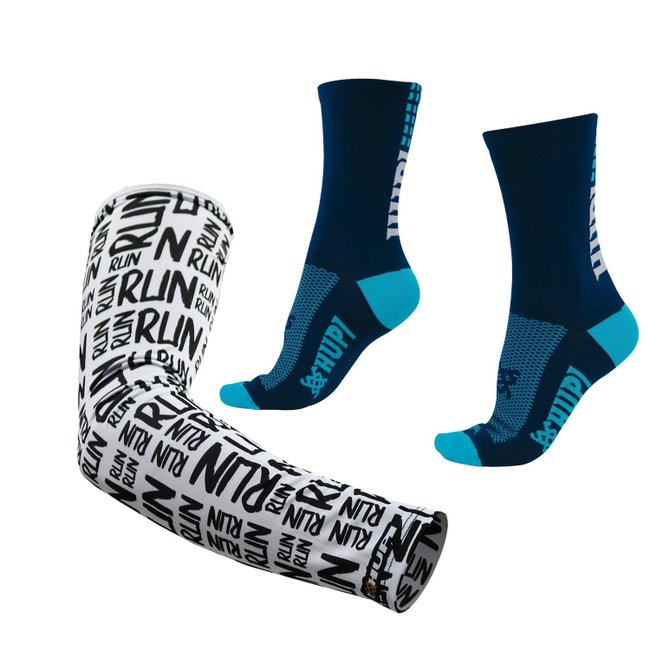 Kit Manguito HUPI Run Branco e Meia HUPI Siena Azul Marinho