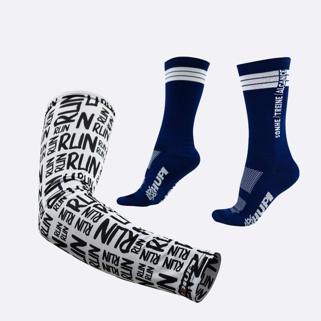 Kit Manguito HUPI Run Branco e Meia HUPI Sonhe Treine Alcance Azul/Branco