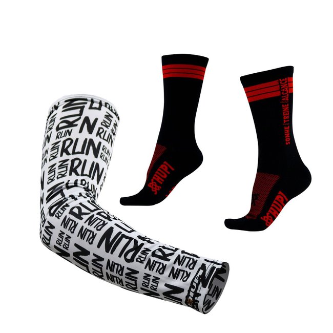 Kit Manguito HUPI Run Branco e Meia HUPI Sonhe Treine Alcance Preto/Vermelho