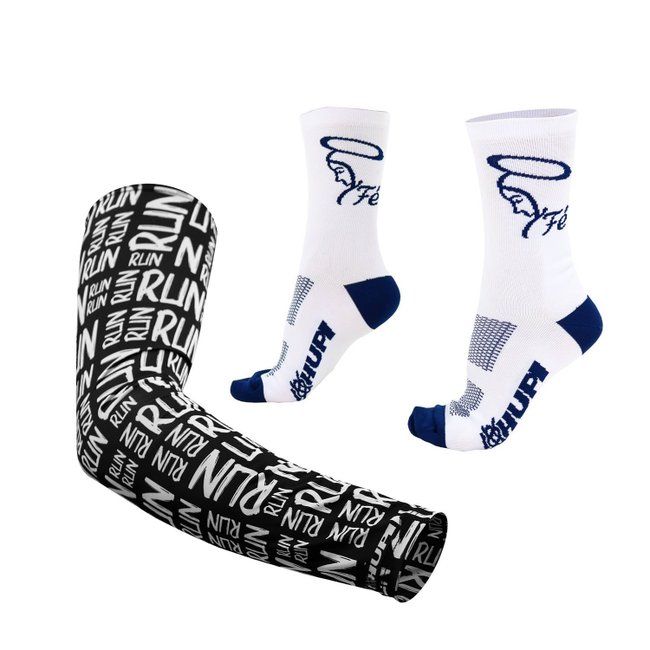 Kit Manguito HUPI Run Preto e Meia Hupi Fé Branco e azul