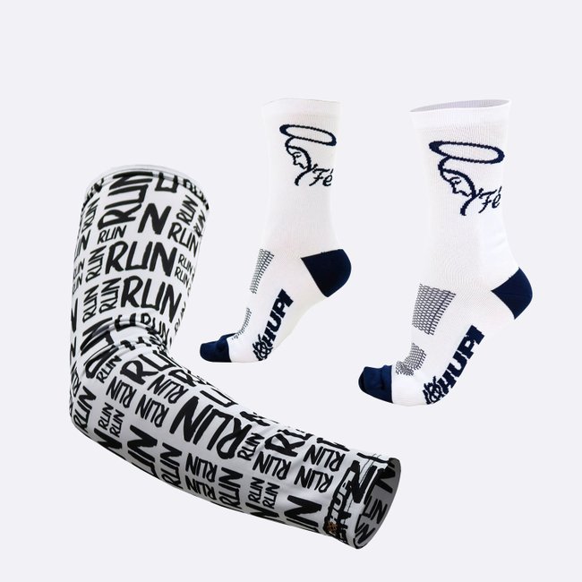 Kit Manguito HUPI Run Preto e Meia Hupi Fé Branco e azul