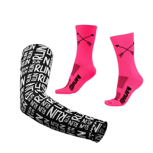 Kit Manguito HUPI Run Preto e Meia HUPI Flecha Rosa Neon
