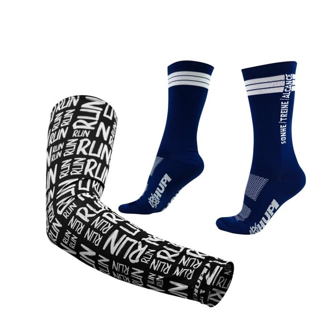 Kit Manguito HUPI Run Preto e Meia HUPI Sonhe Treine Alcance Azul/Branco